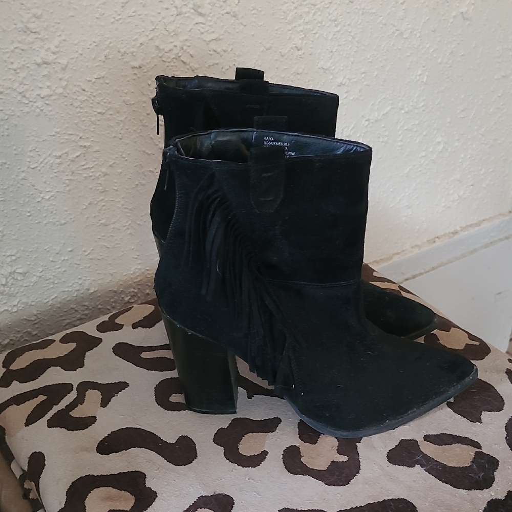 JustFab Black Heeled Fringe Boots